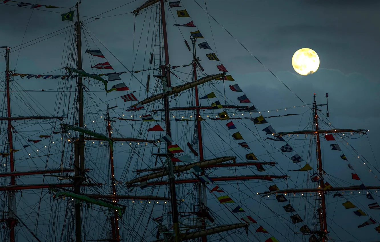 Photo wallpaper night, the moon, yachts, mast