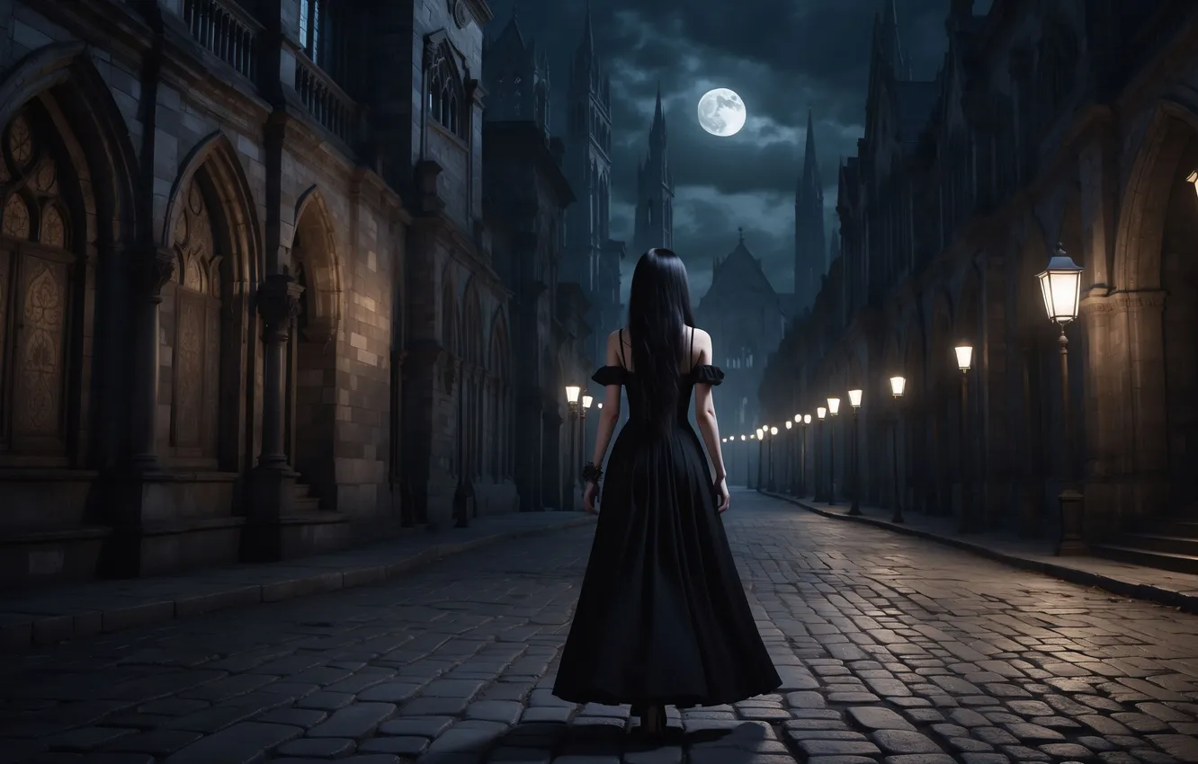 Photo wallpaper girl, night, the city, Gothic, the moon, brunette, fantasy, in black