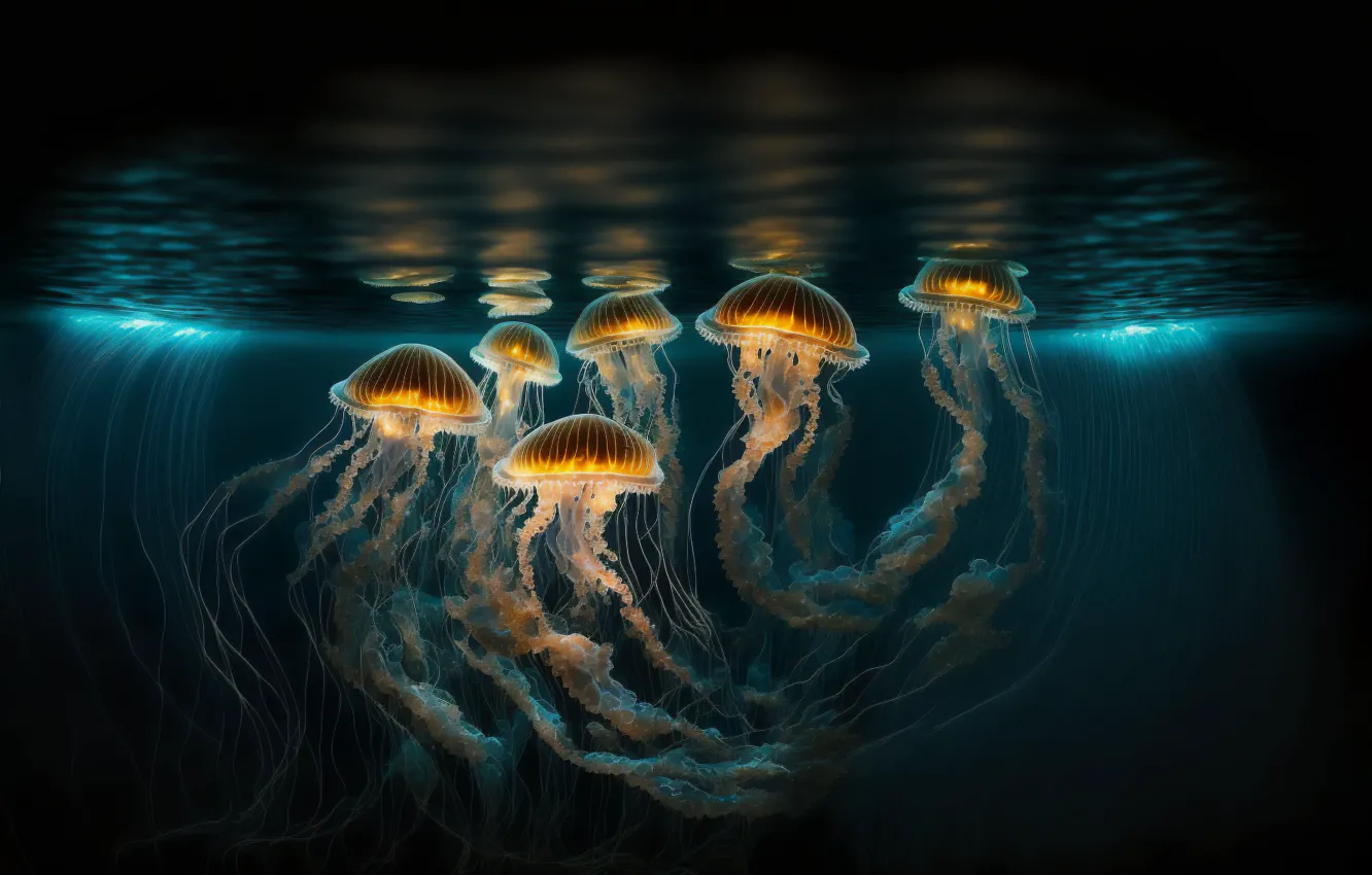 Photo wallpaper glow, jellyfish, under water, AI art, AI art