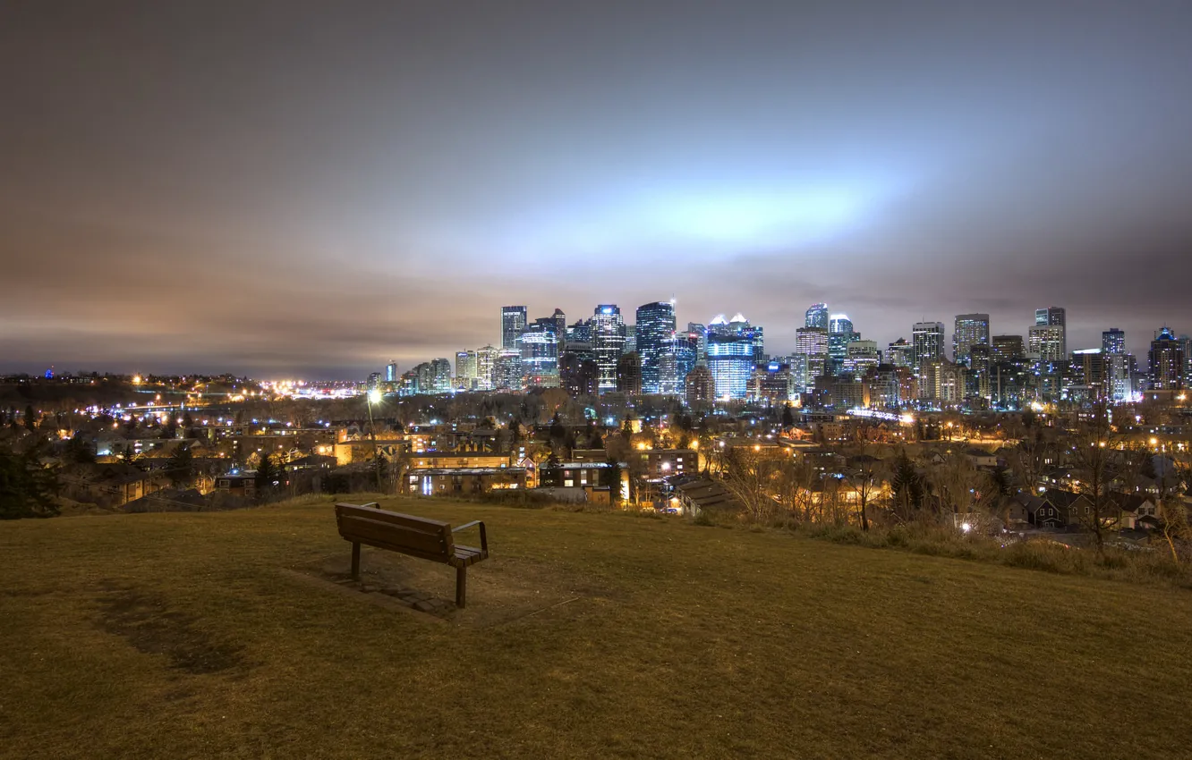 Photo wallpaper landscape, night, lights, Canada, panorama, bench, Calgary