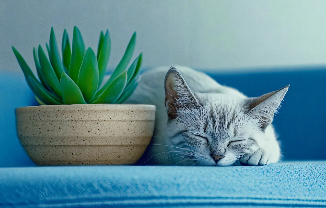 Photo wallpaper cat, cat, pose, sofa, sleeping, lies, bowl, face