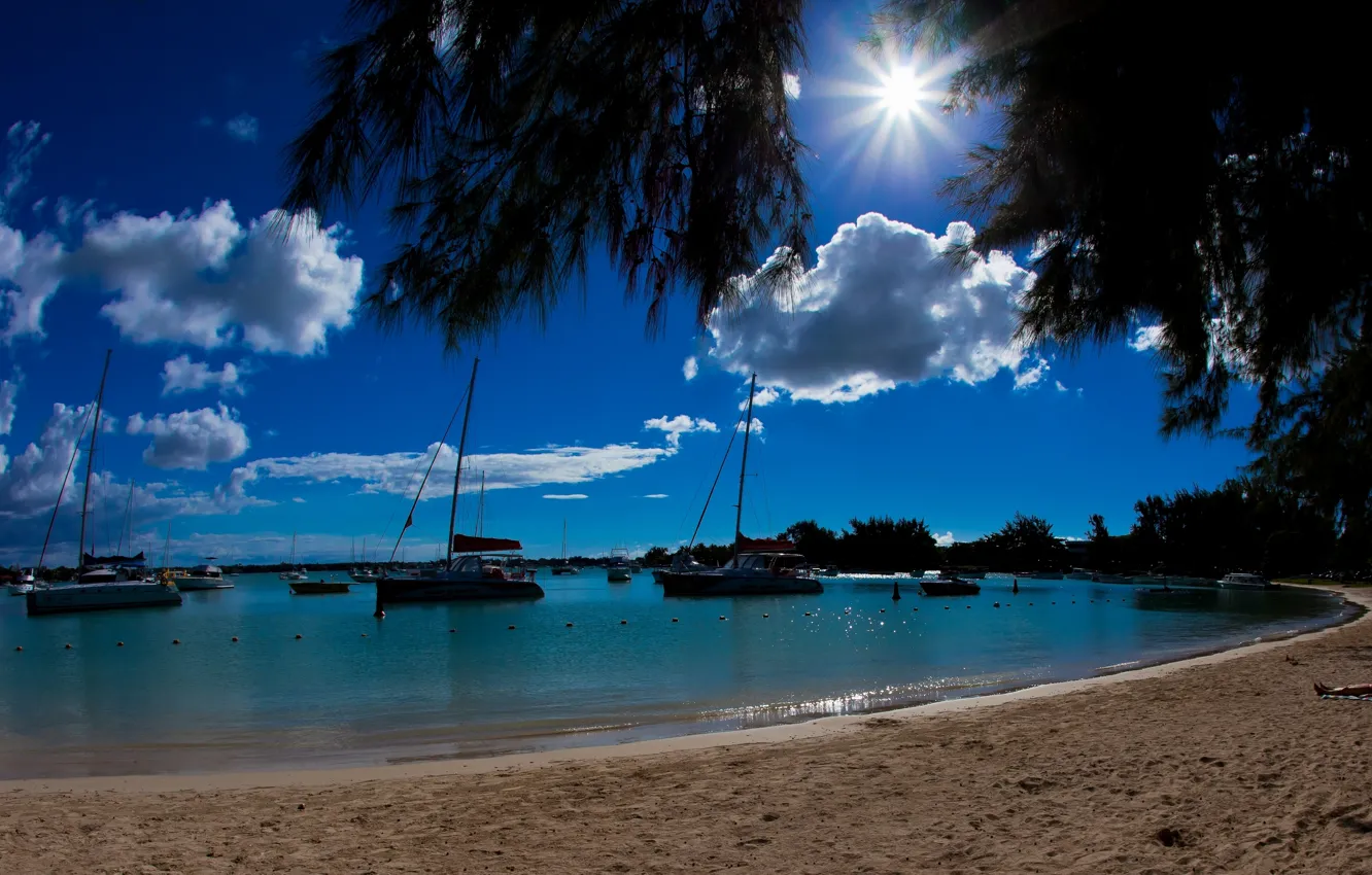 Photo wallpaper beach, the ocean, yachts, boats, boats, Laguna, Mauritius, Mauritius