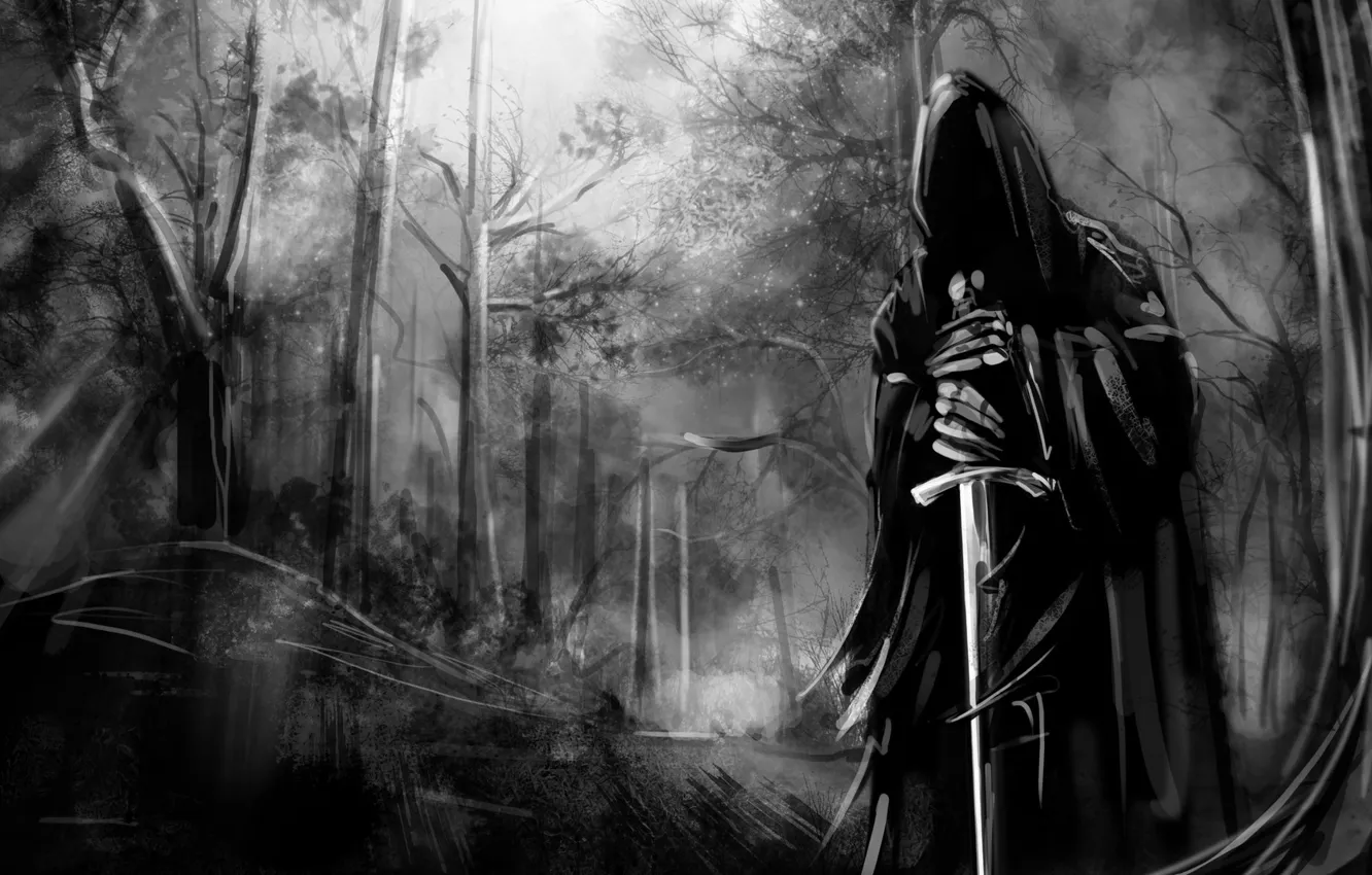 Photo wallpaper forest, night, death, darkness, sword, warrior