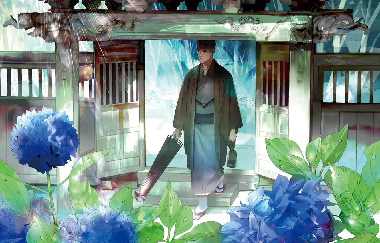 Photo wallpaper flowers, guy, kimono