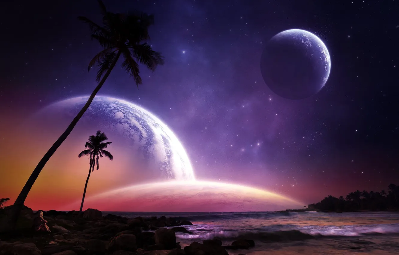 Photo wallpaper sand, sea, the sky, water, girl, stars, landscape, stones