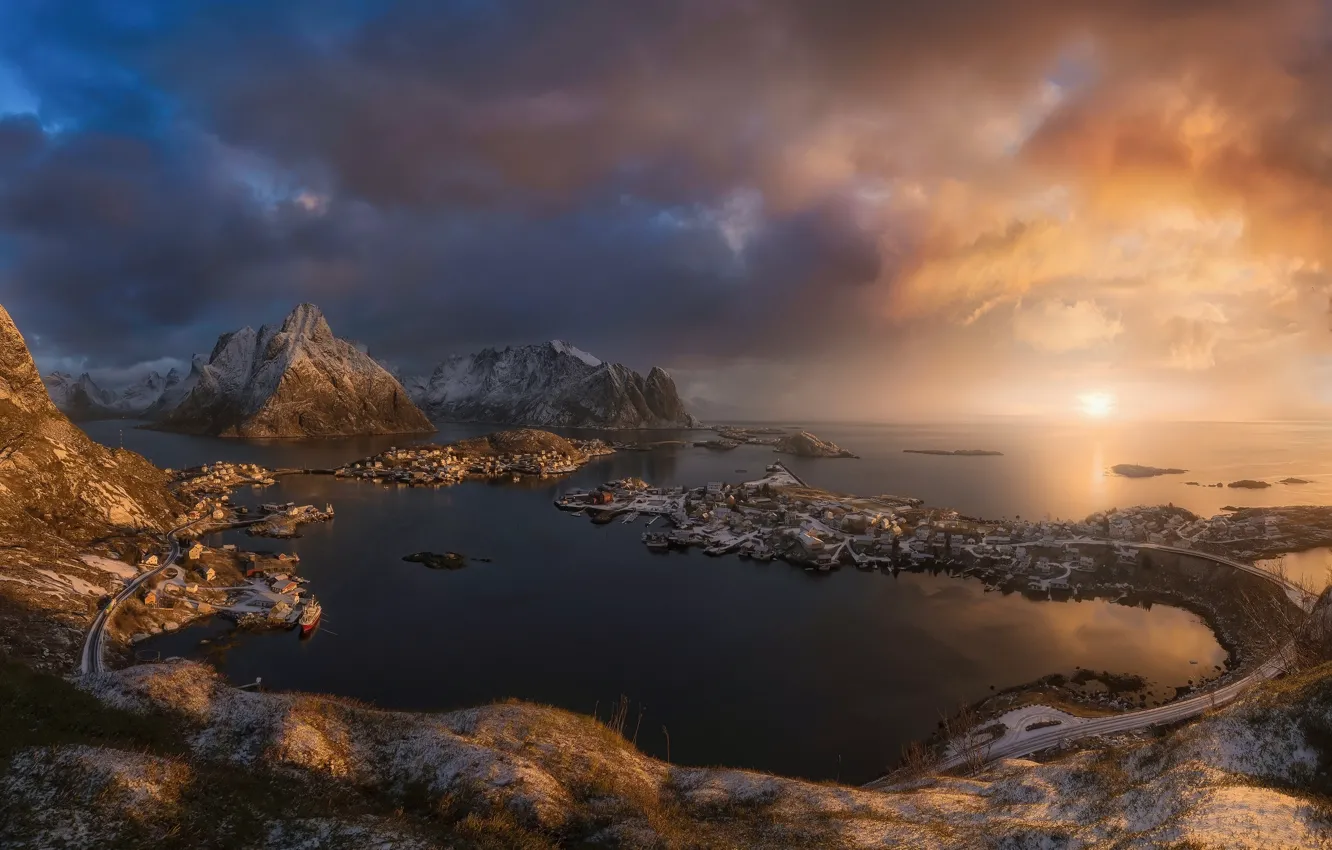 Photo wallpaper sea, Islands, light, snow, mountains, rocks, Norway, the village
