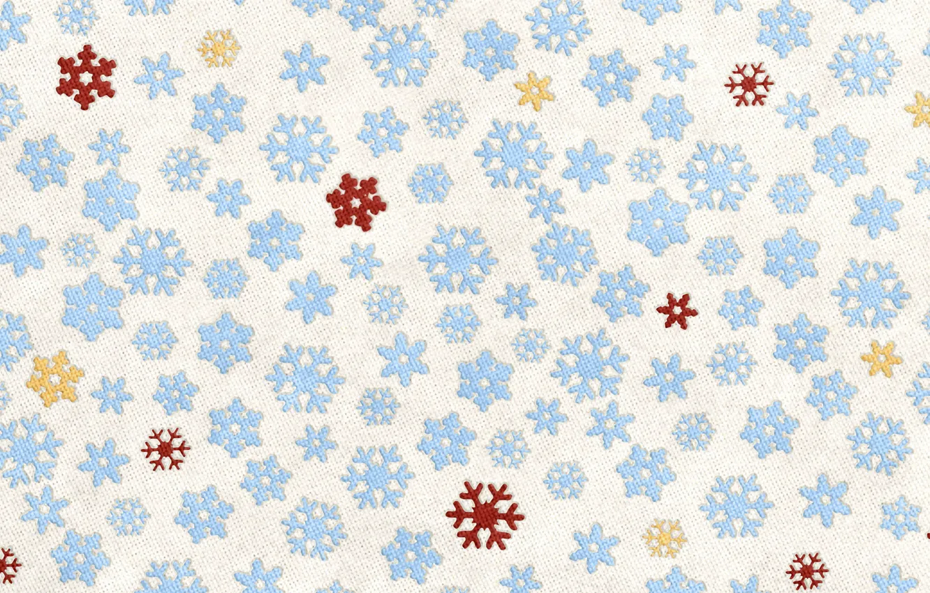 Photo wallpaper snowflakes, yellow, blue, red, white background, fabric