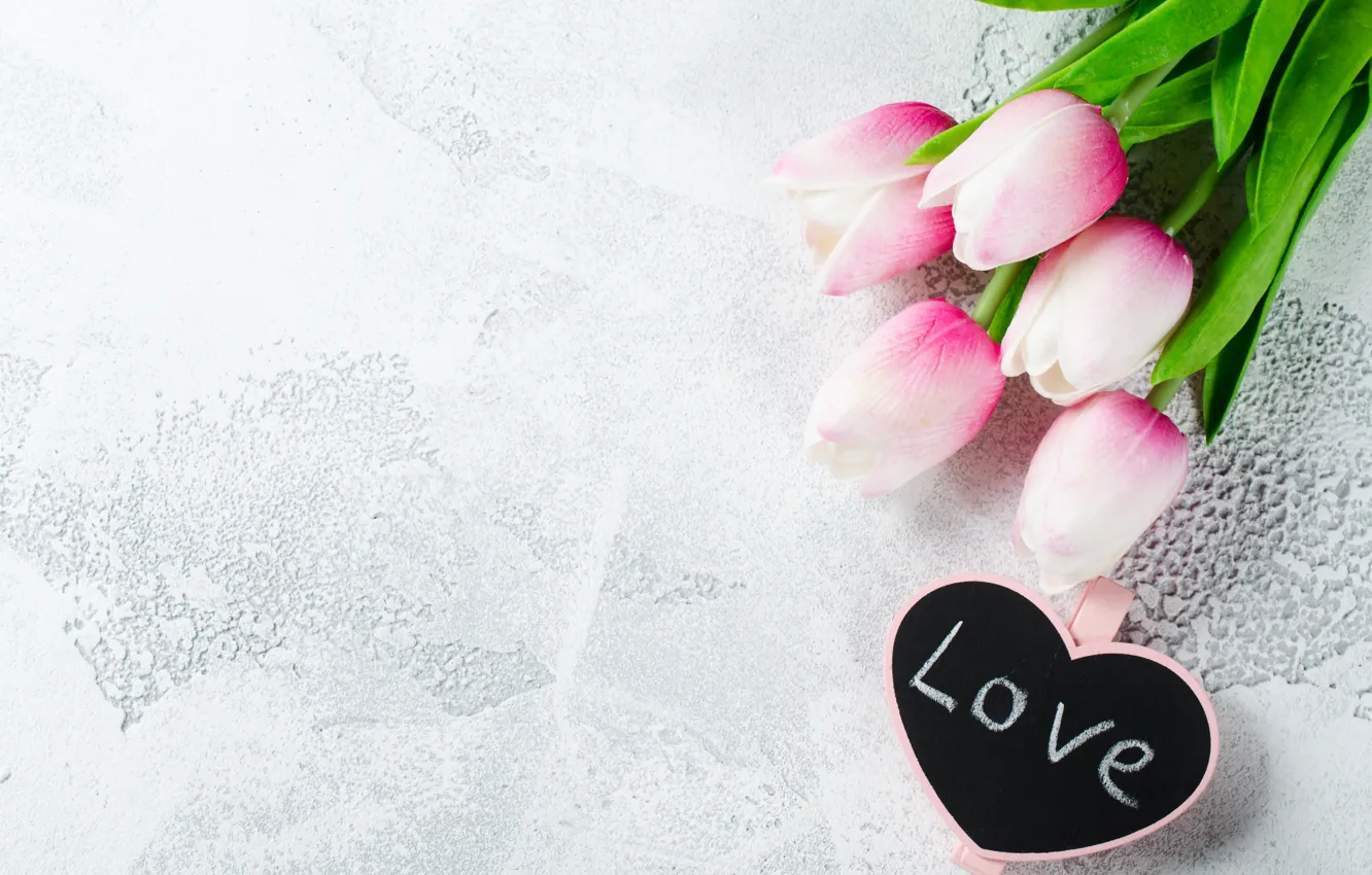 Photo wallpaper love, flowers, heart, bouquet, tulips, love, pink, heart