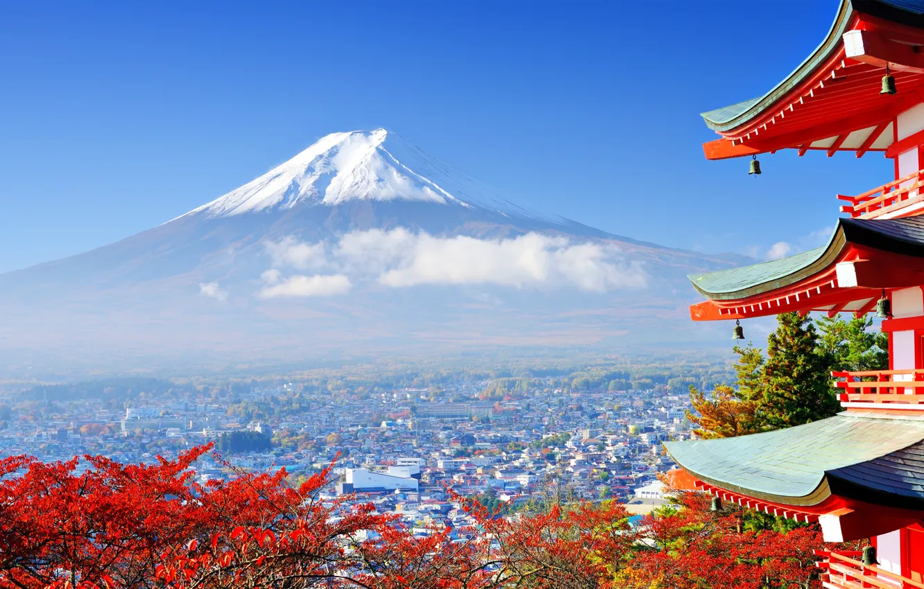 Photo wallpaper autumn, the city, mountain, Japan, valley, Fuji