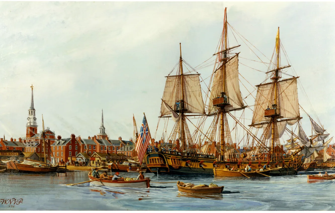 Photo wallpaper the city, Marina, ships, picture, painting, painting