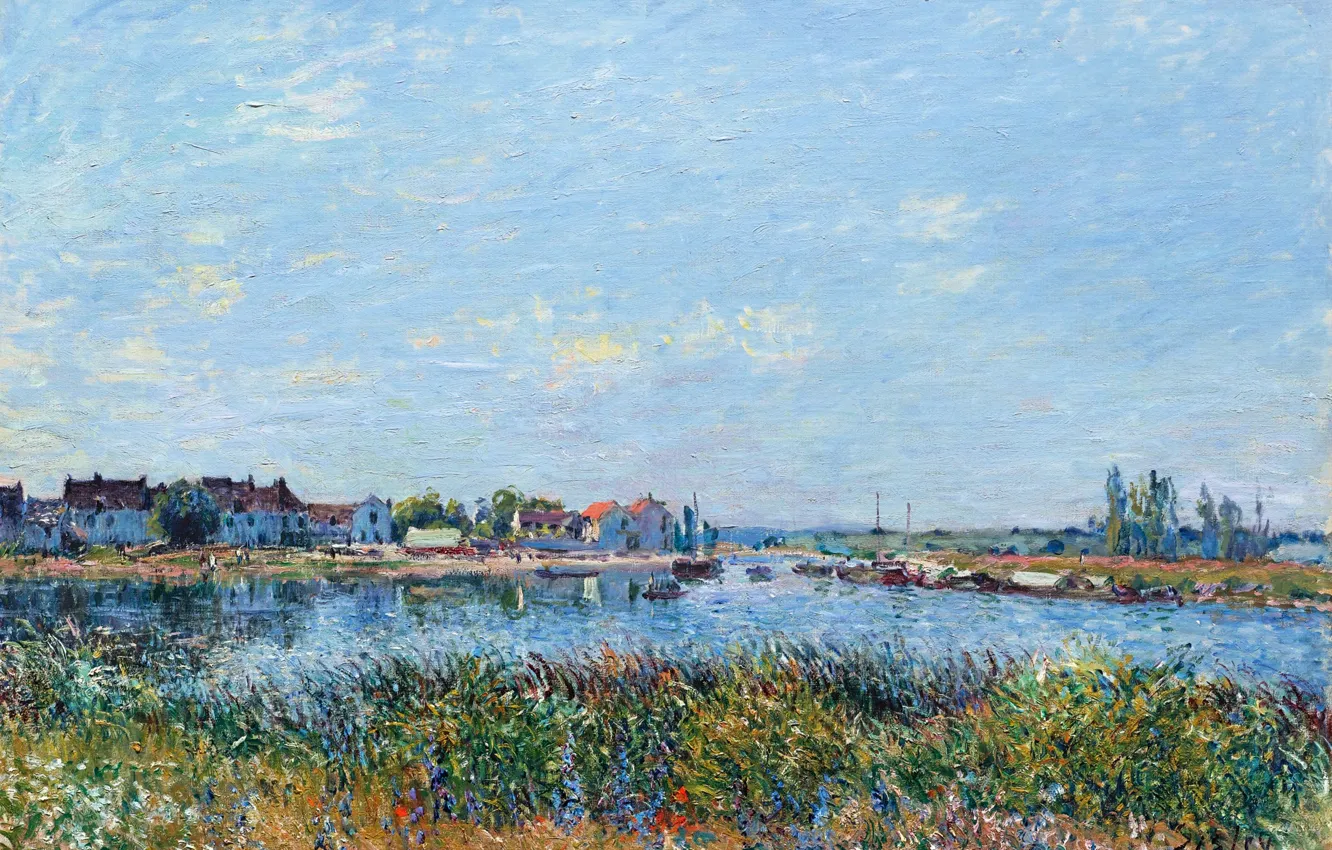Photo wallpaper the sky, clouds, the city, river, thickets, picture, Alfred Sisley