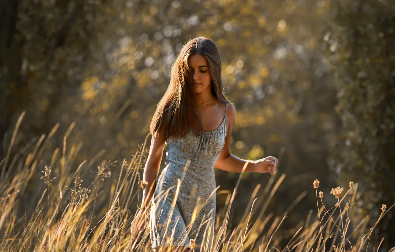 Photo wallpaper grass, girl, the sun, trees, model, portrait, makeup, figure