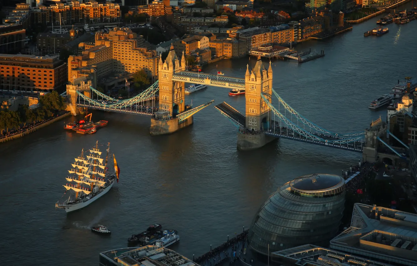 Photo wallpaper sunset, bridge, the city, river, England, London, building, ships
