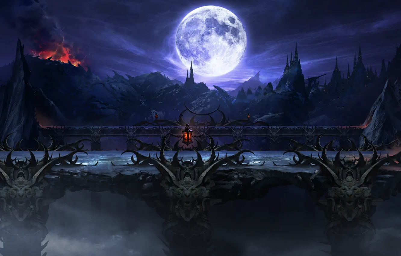 Photo wallpaper landscape, night, bridge, castle, rocks, the moon, the volcano, art