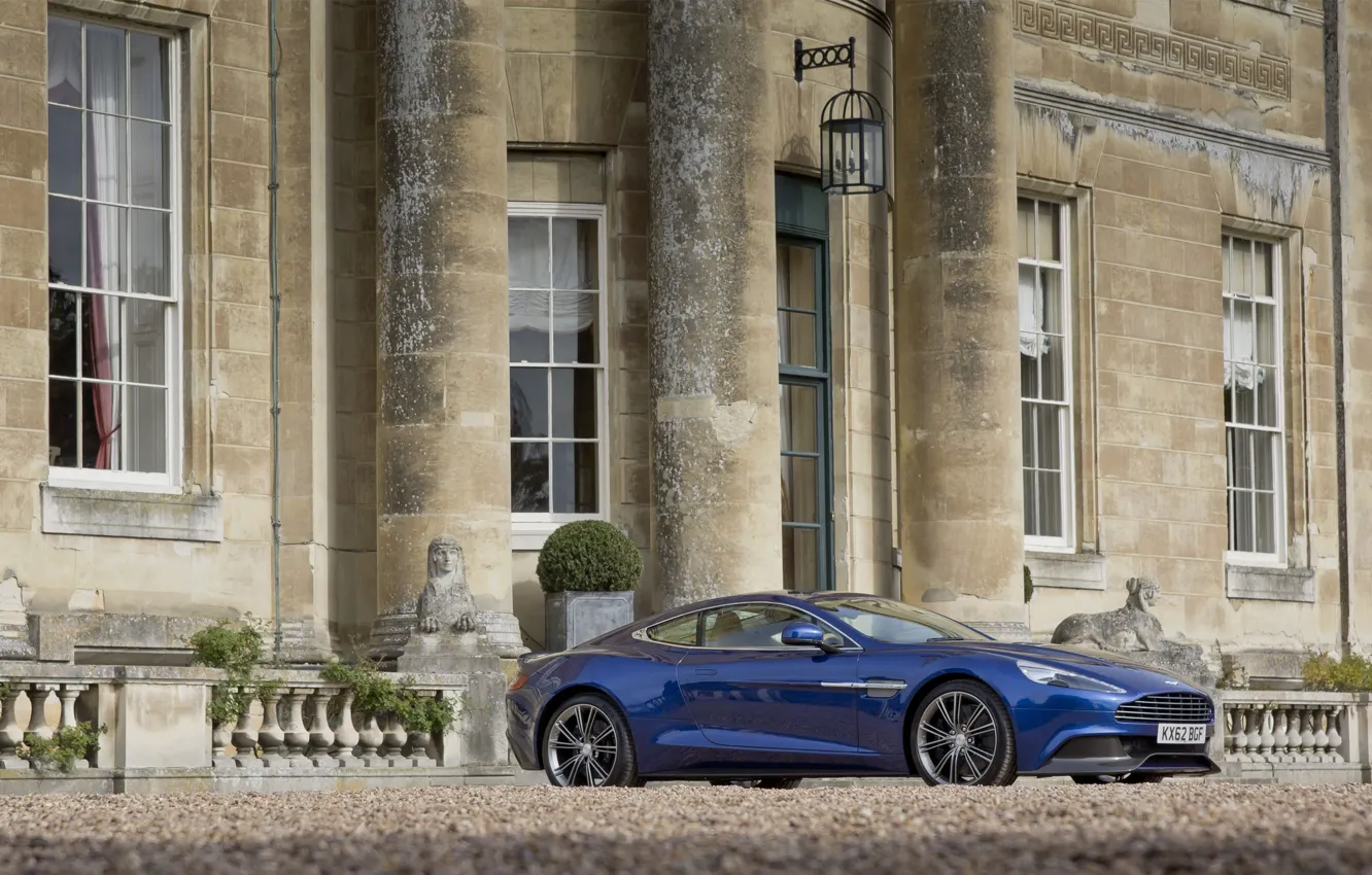 Photo wallpaper Aston Martin, Blue, Wheel, The building, Car, Vanquish, Side view, AM310