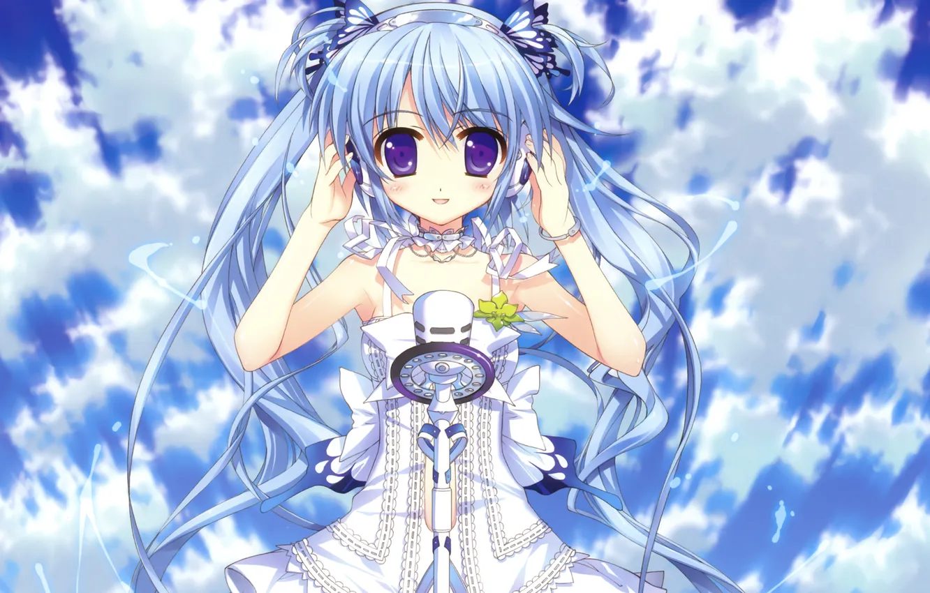 Photo wallpaper clouds, art, girl, microphone, blue hair, Takuya Fujima