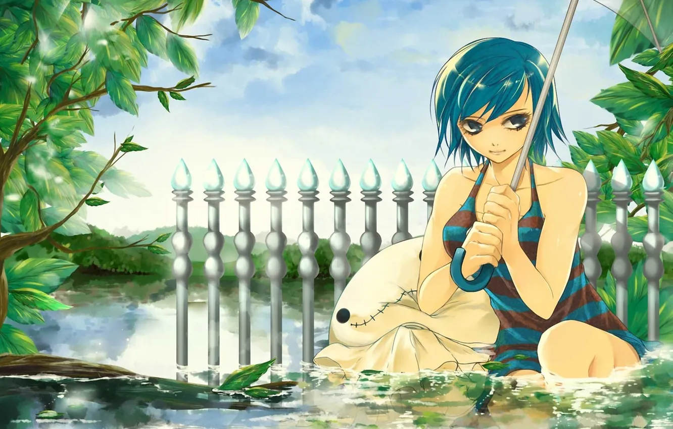 Photo wallpaper swimsuit, water, girl, trees, strip, the fence, umbrella, art