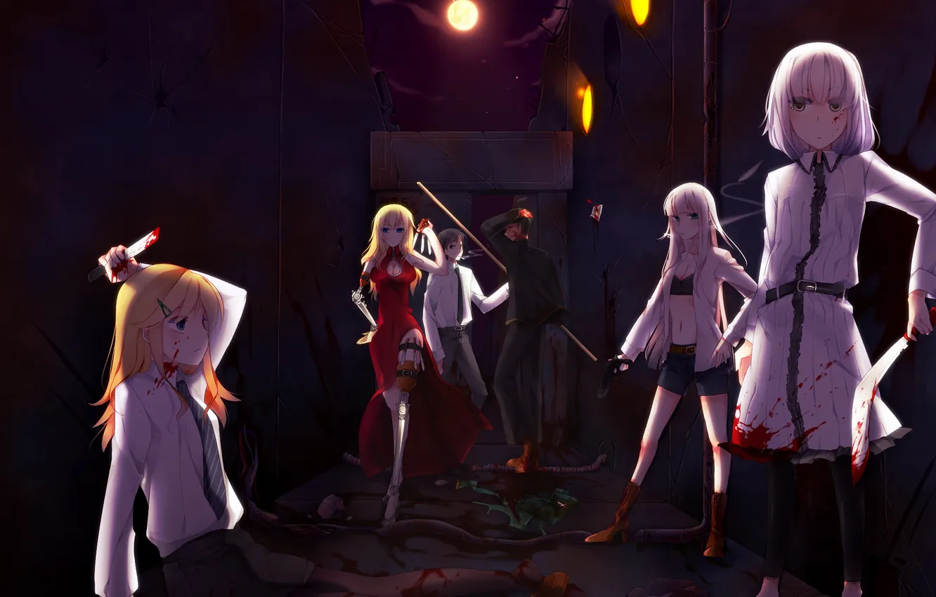 Photo wallpaper the sky, girl, clouds, night, gun, weapons, the moon, blood