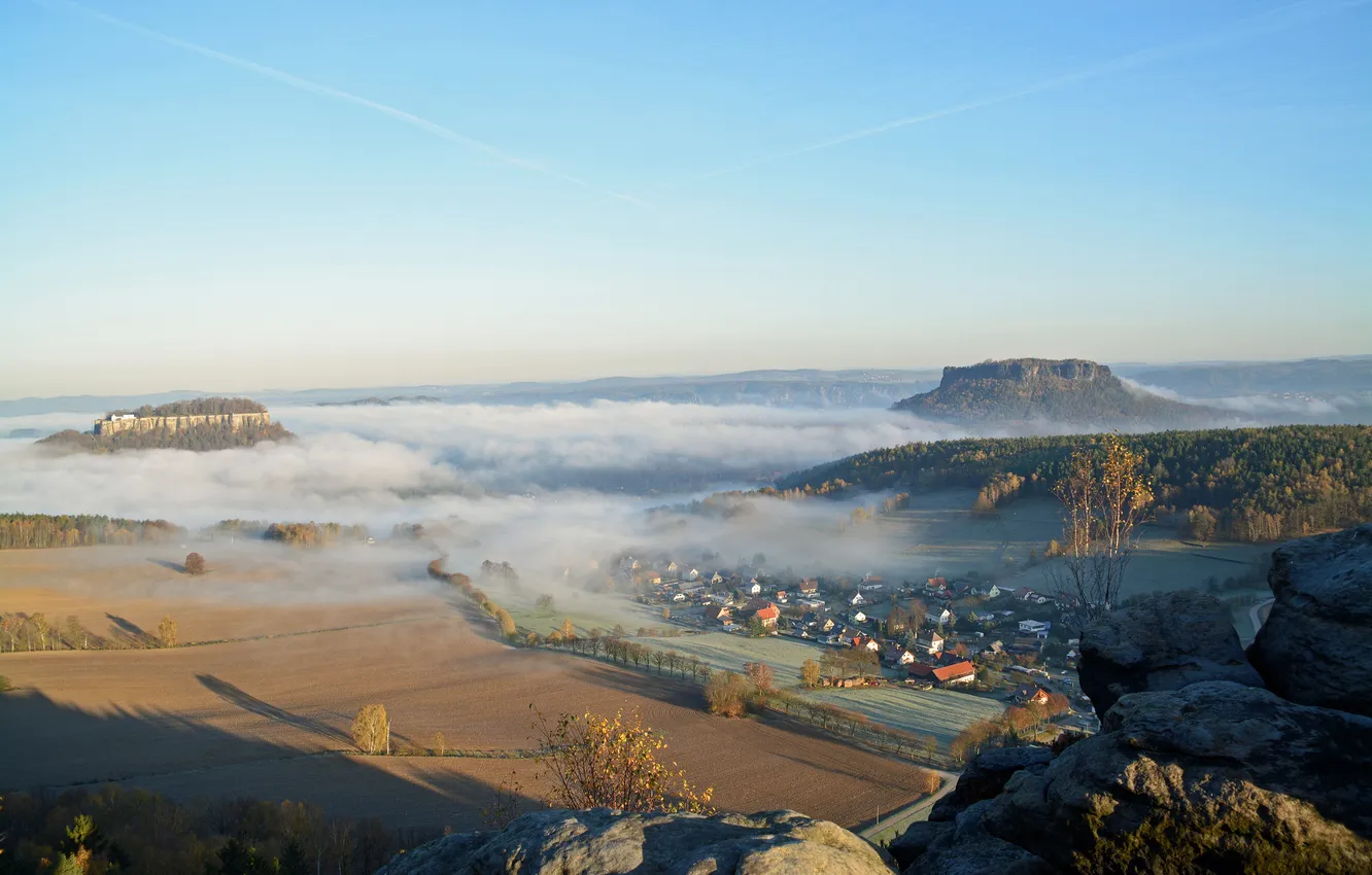 Photo wallpaper field, the sky, trees, mountains, fog, home, morning, Germany