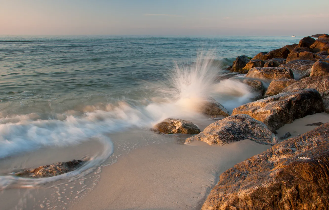 Photo wallpaper sand, sea, squirt, stones, surf