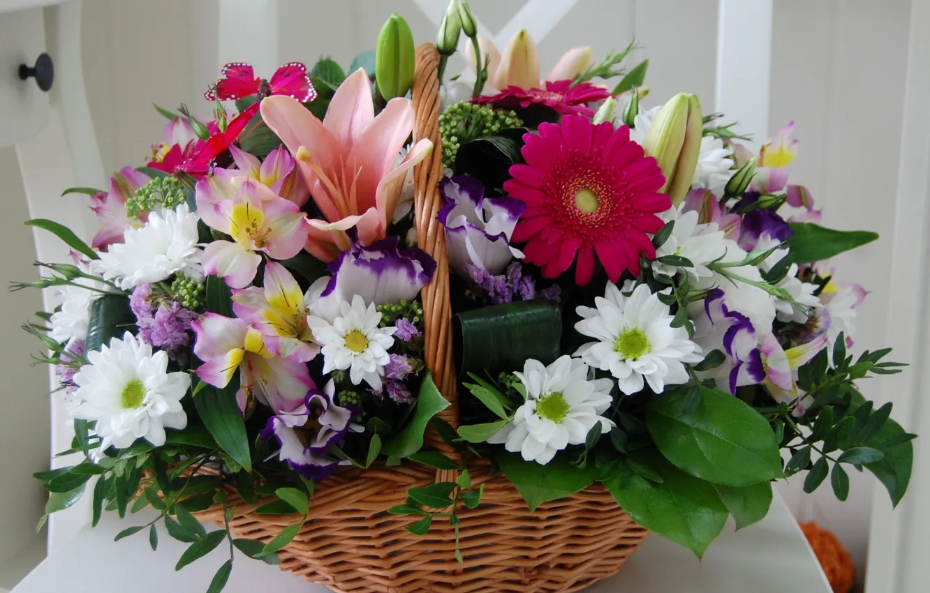 Photo wallpaper photo, Flowers, Basket, Bouquet, Gerbera, Chrysanthemum, Lily