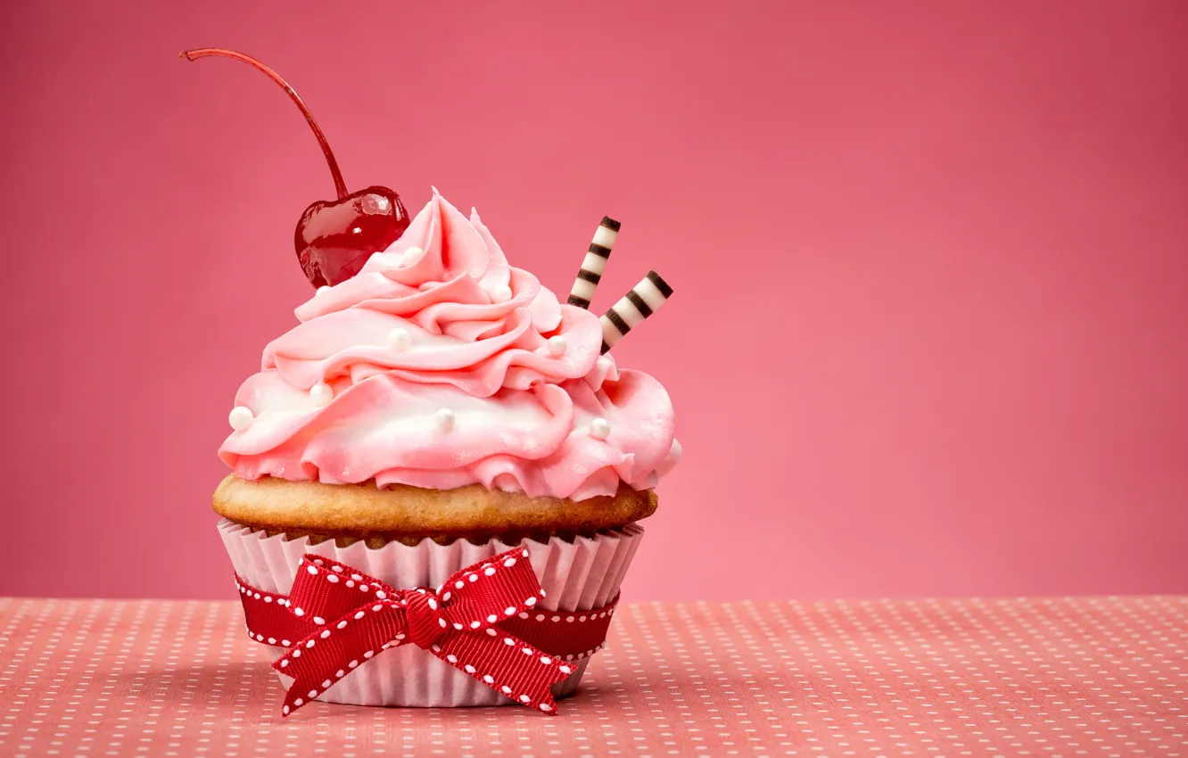 Photo wallpaper bow, cake, cream, Happy Birthday, pink, sweet, cupcake, cupcake