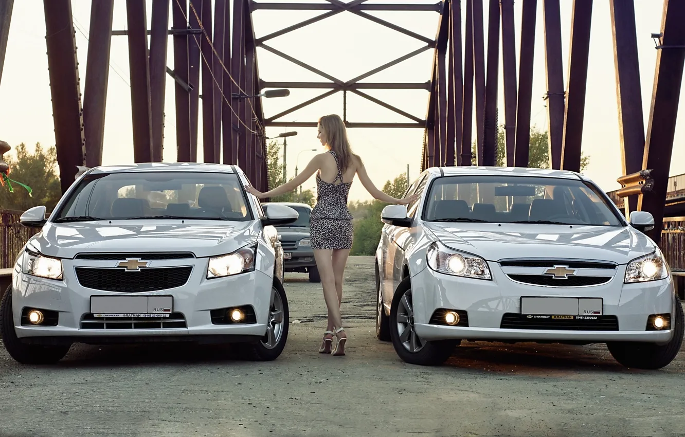 Photo wallpaper road, girl, bridge, Chevrolet, dress, white car