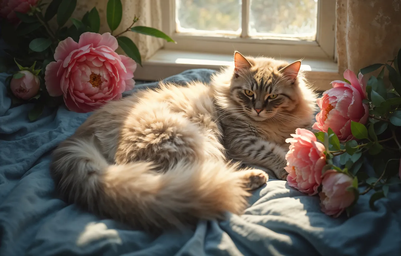 Photo wallpaper cat, cat, look, flowers, pose, face, AI art, neural network