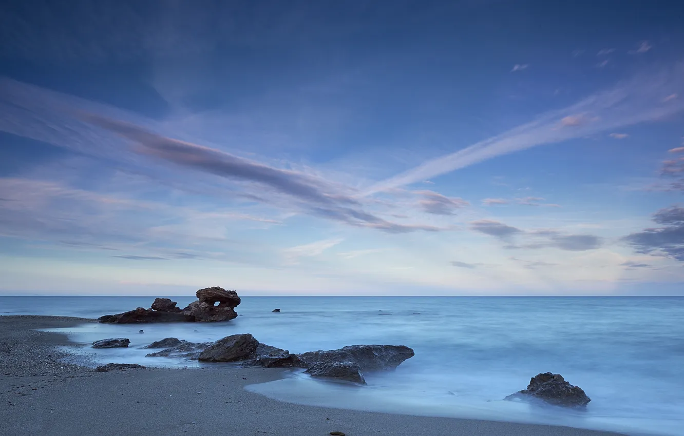Photo wallpaper sea, the sky, coast, horizon, Spain, Andalusia, Mojacar Playa, Almeria