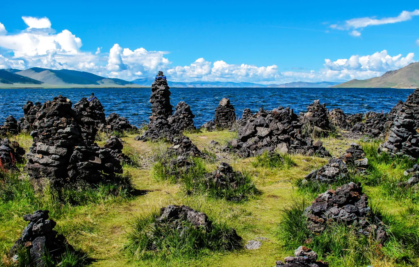Photo wallpaper the sky, lake, stones, Mongolia