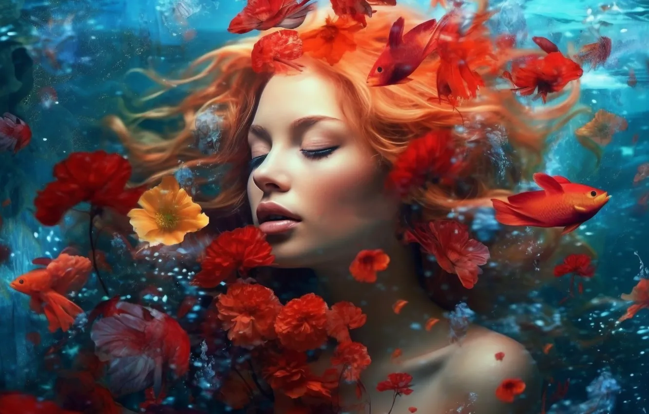 Photo wallpaper water, girl, fish, flowers, red, digital art, neural network