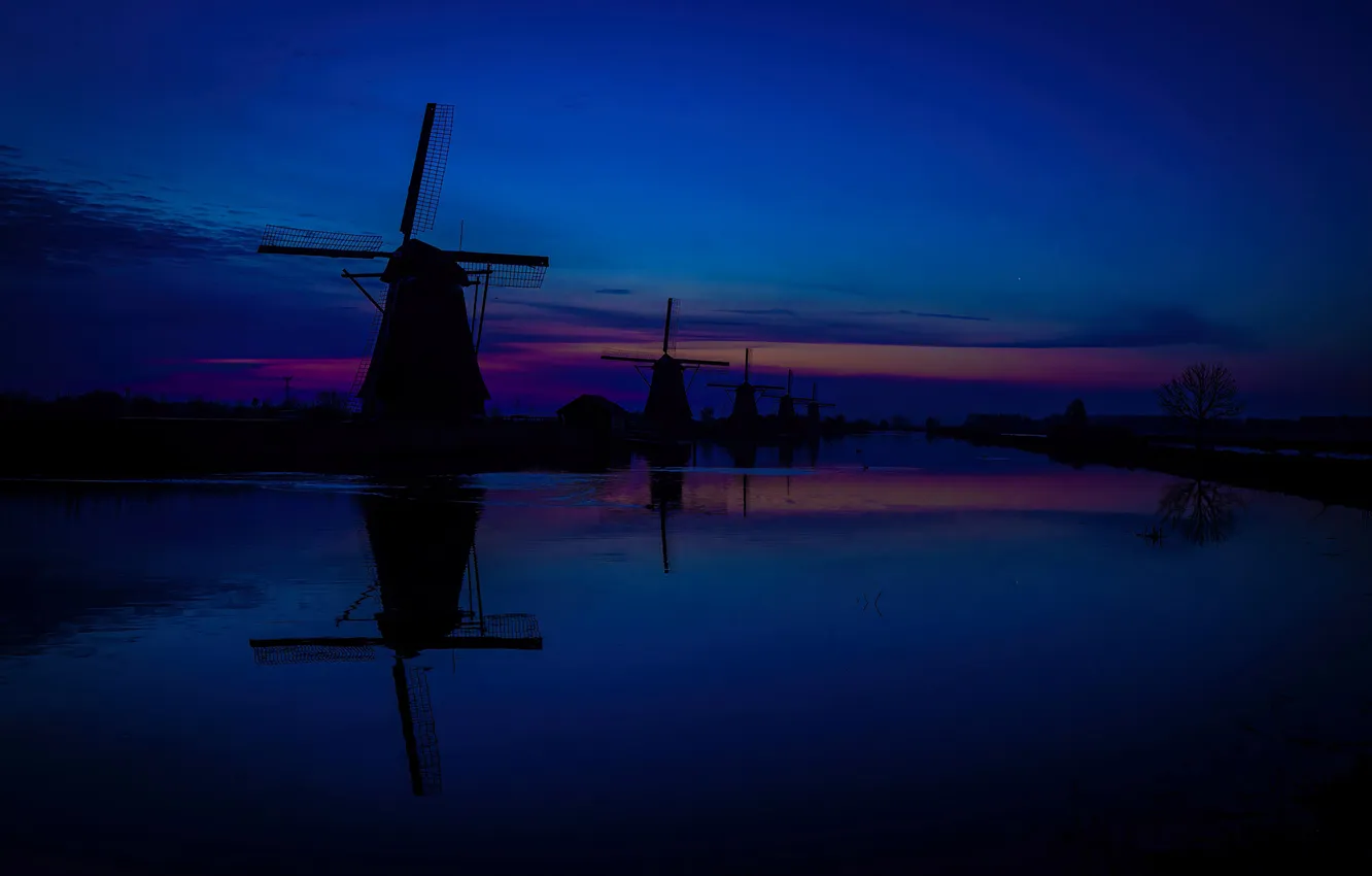 Photo wallpaper night, lake, mill