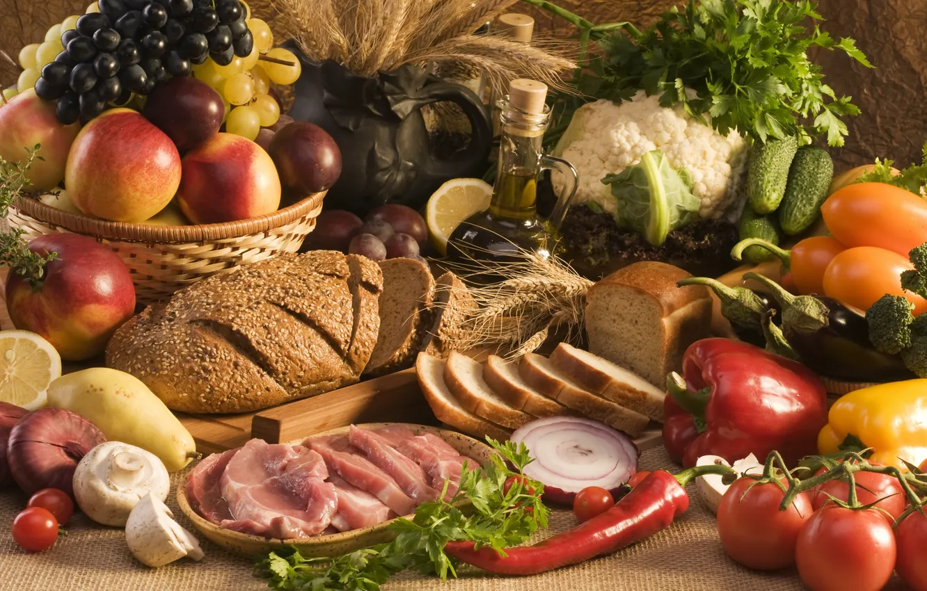 Photo wallpaper greens, oil, bread, meat, fruit, vegetables