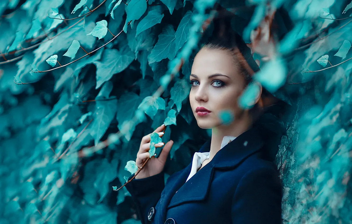 Photo wallpaper greens, leaves, girl, makeup, Alessandro Di Cicco, Surrender to me