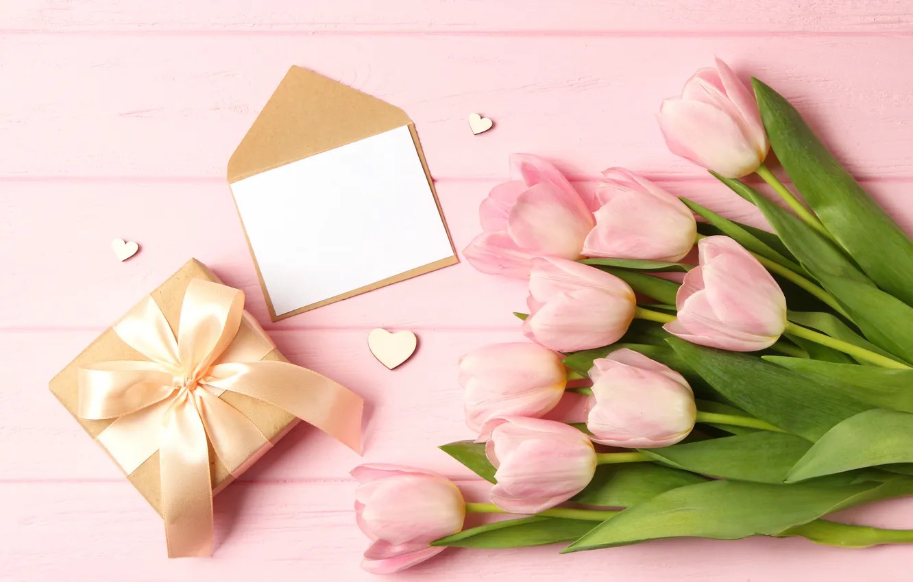 Photo wallpaper flowers, gift, bouquet, tulips, pink, wood, pink, flowers