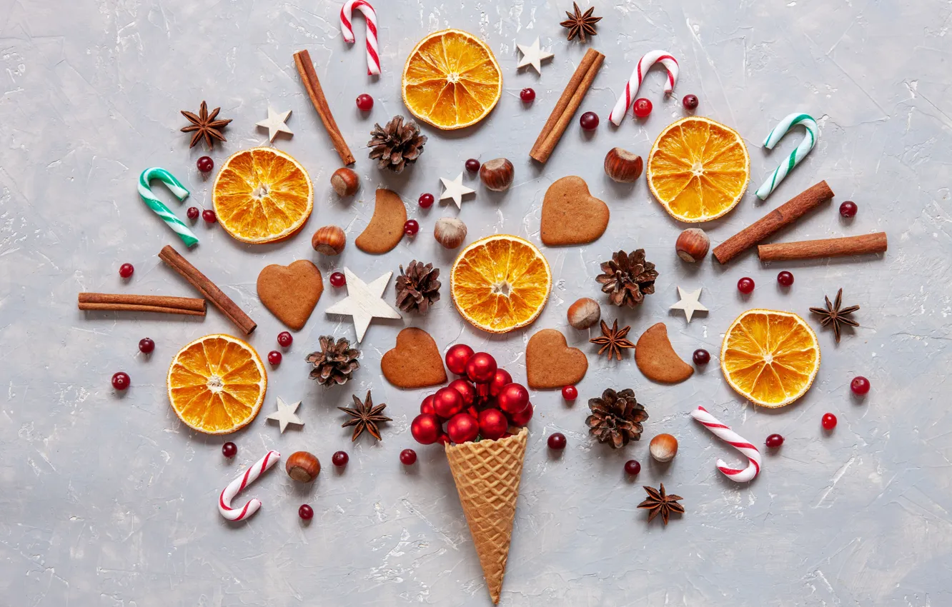 Photo wallpaper balls, pattern, cookies, Christmas, cinnamon, horn, decor, spices