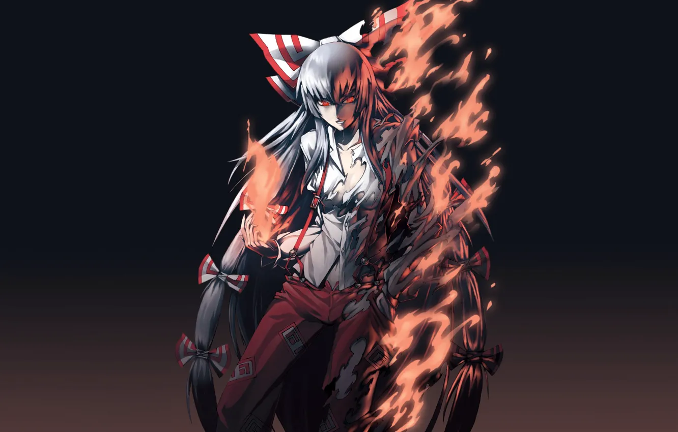 Photo wallpaper darkness, fire, flame, witch, red eyes, madness, torn clothes, Touhou Project