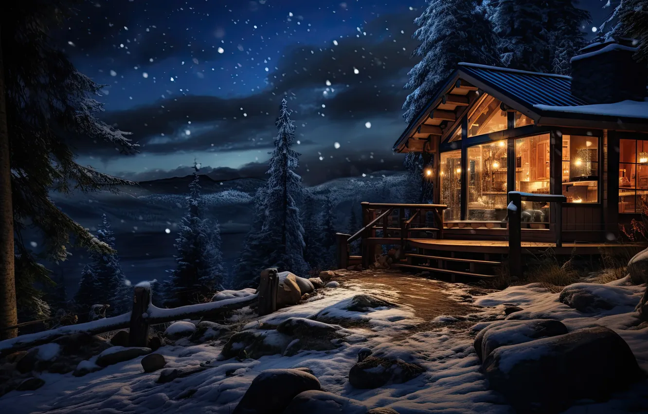 Photo wallpaper winter, forest, snow, mountains, night, nature, house, house