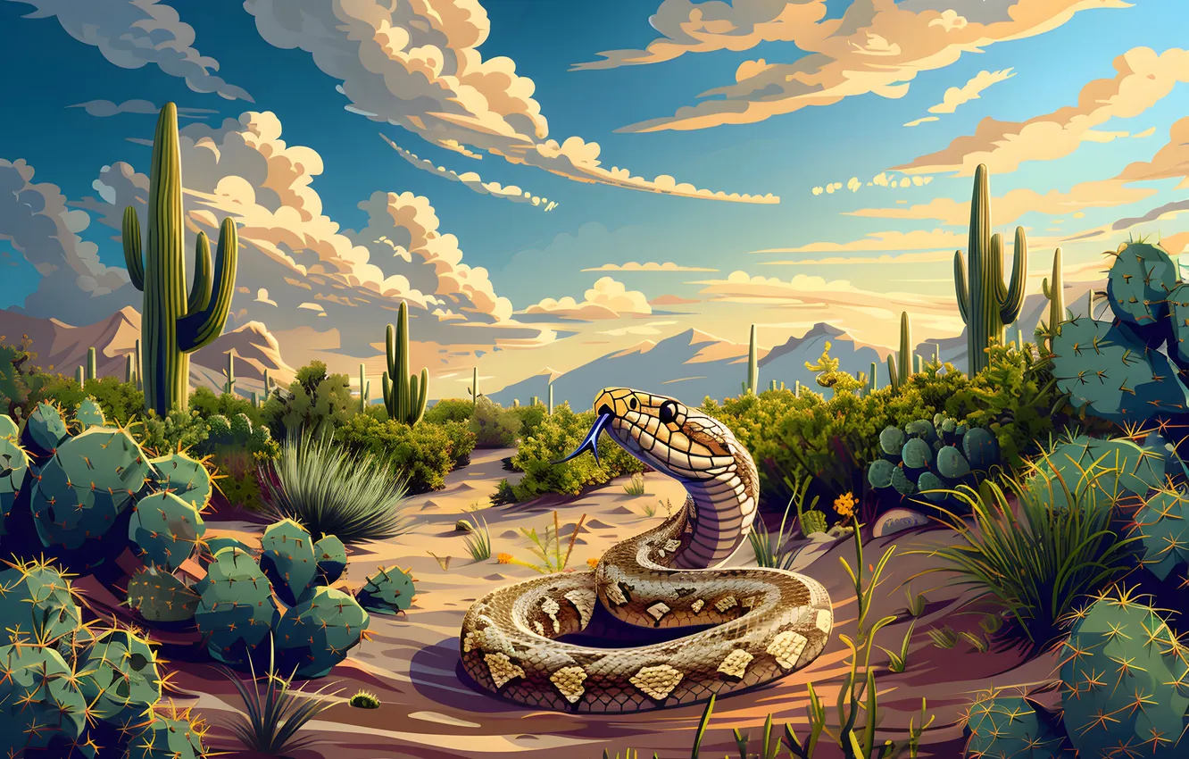 Photo wallpaper Clouds, Language, Snake, Cacti, Face, Art, Reptile, Animal