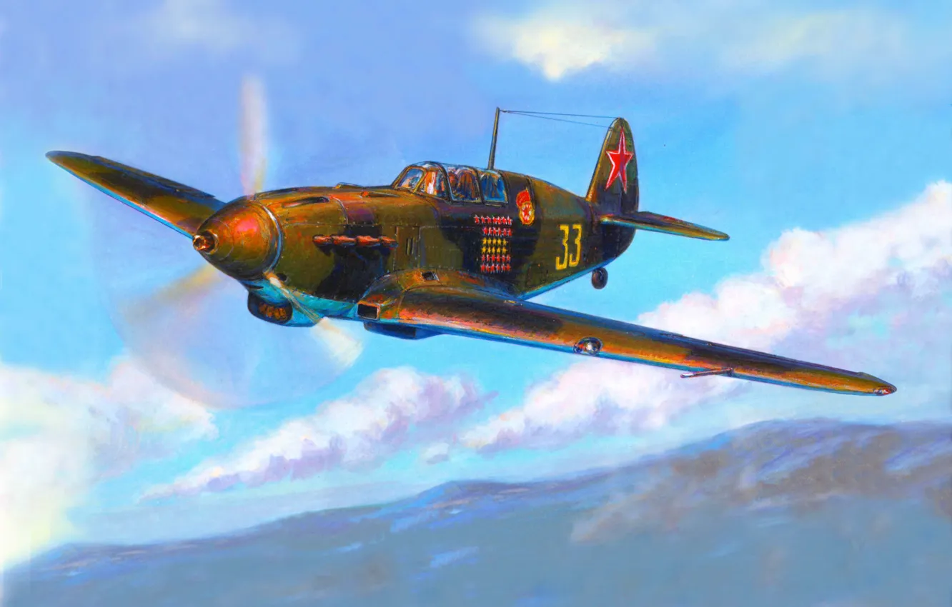 Photo wallpaper the sky, war, fighter, Art, Soviet, piston, single-engine, WW2