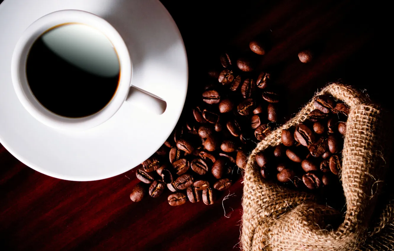 Photo wallpaper white, table, coffee, grain, Cup, saucer, pouch