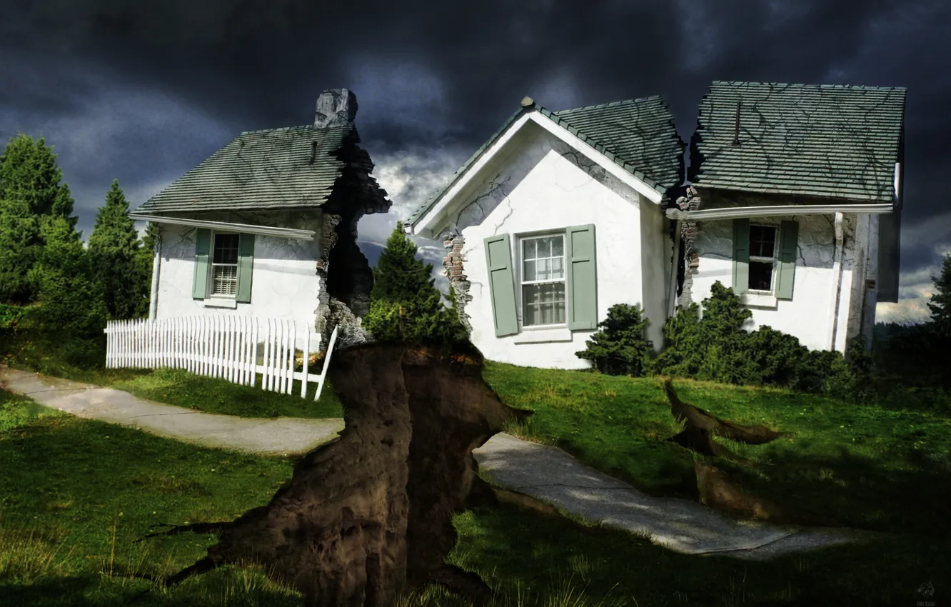 Photo wallpaper road, grass, trees, lawn, home