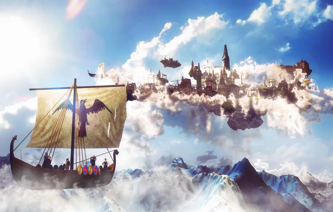 Photo wallpaper the sky, clouds, mountains, the city, ship