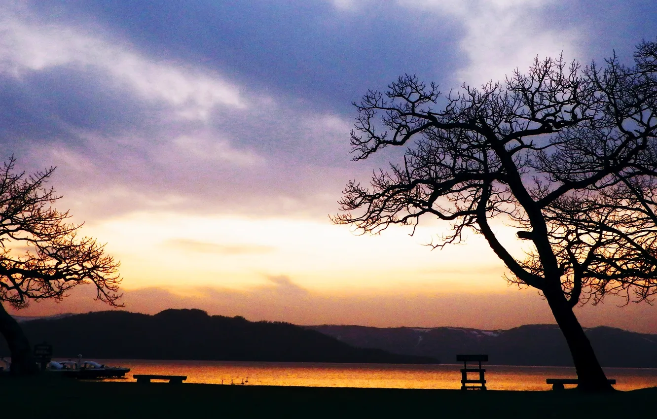 Photo wallpaper Japan, sunset, lake