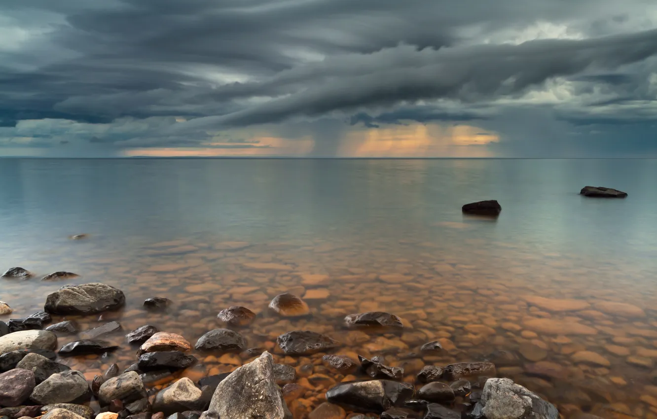 Photo wallpaper the sky, transparency, clouds, storm, lake, stones