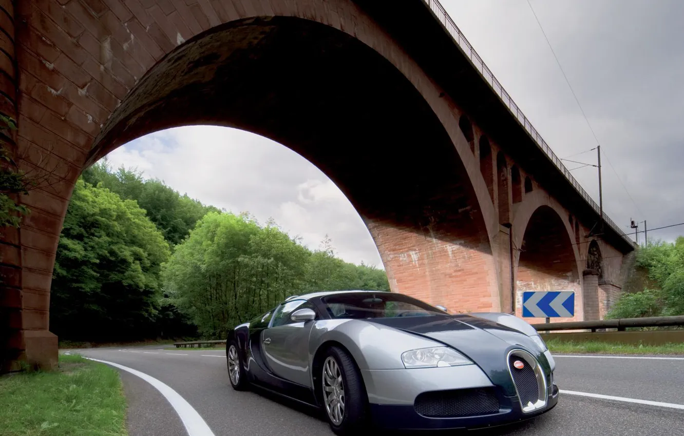 Photo wallpaper road, trees, bridge, arch, Bugatti Veyron