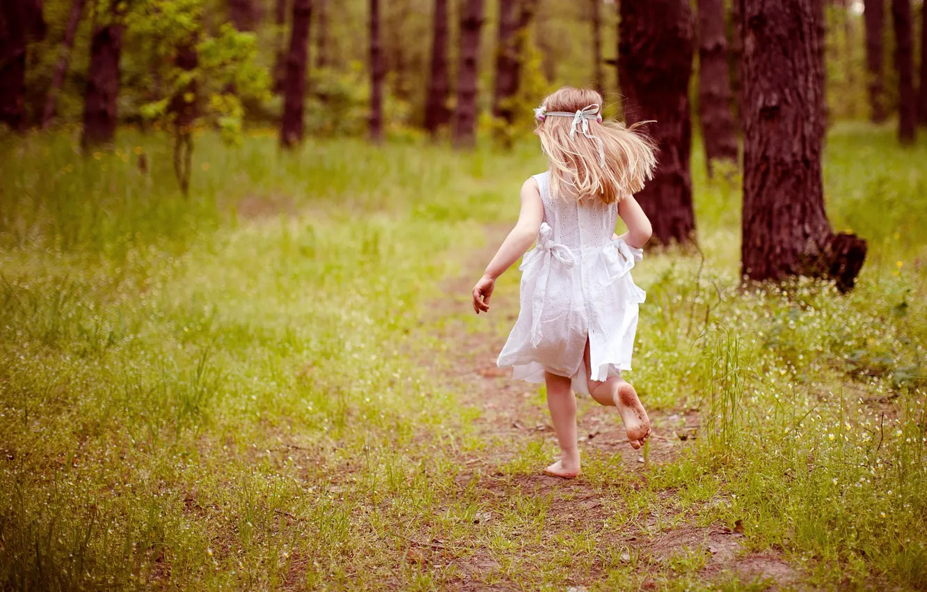 Photo wallpaper forest, summer, grass, trees, Park, back, running, girl
