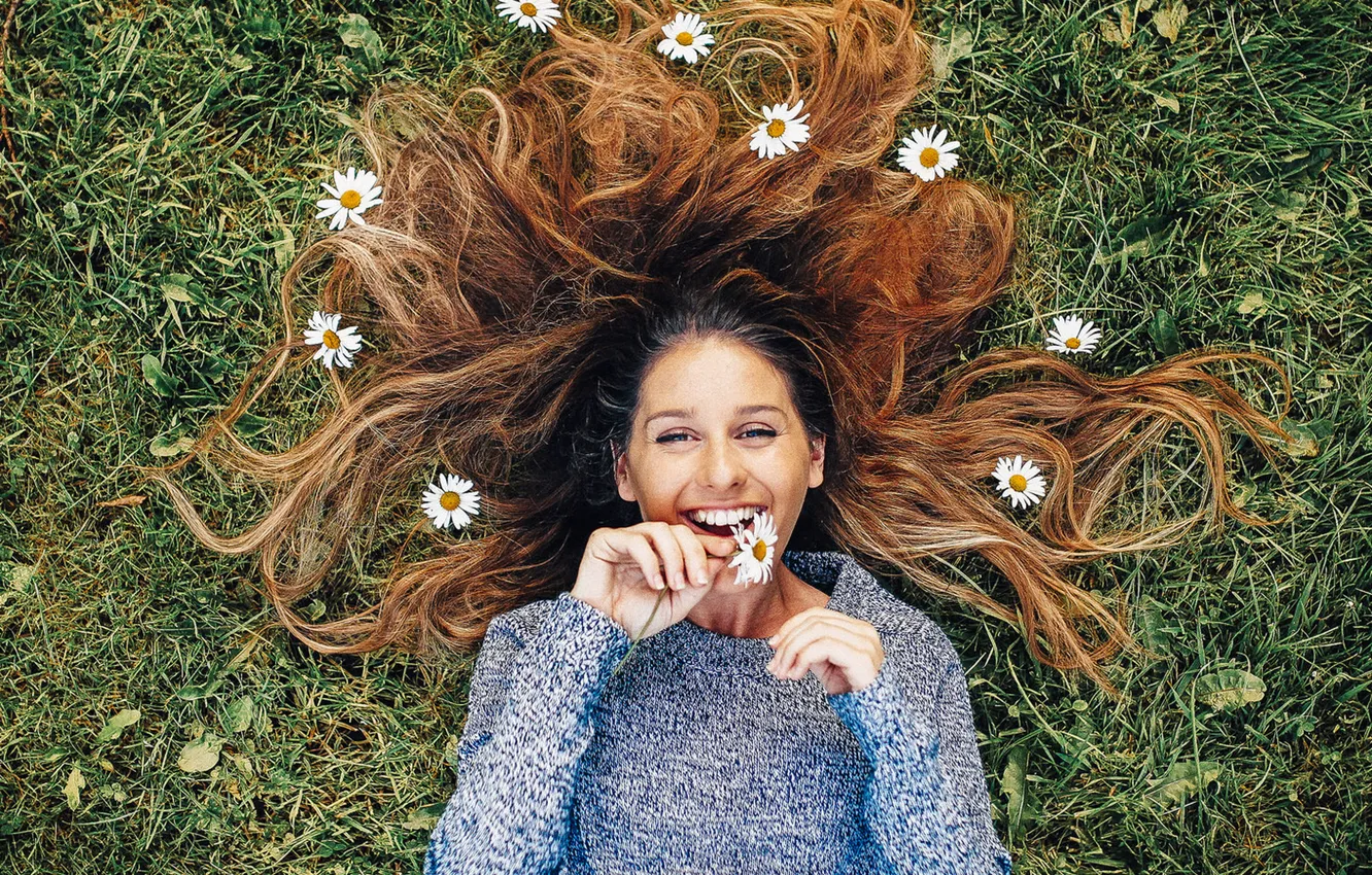 Photo wallpaper girl, grass, smile, flowers, hair