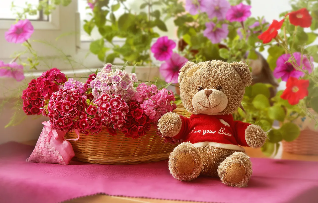 Photo wallpaper flowers, basket, toy, bear, plush