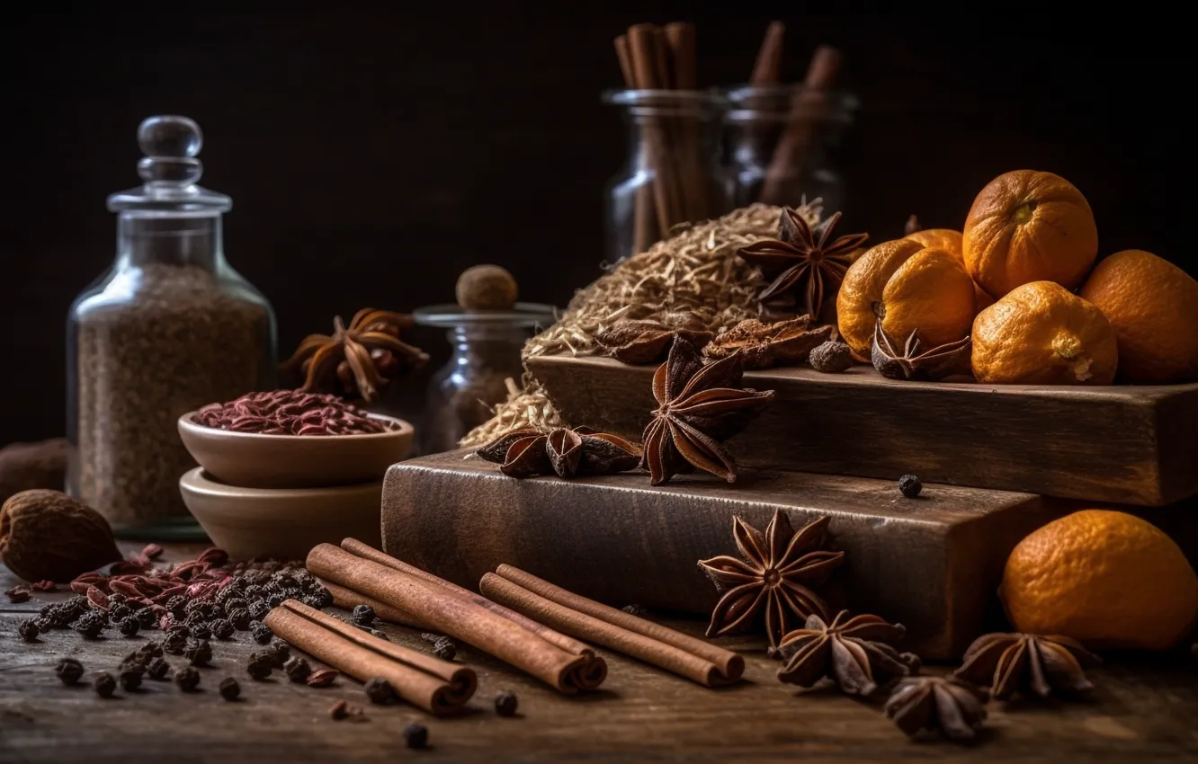 Photo wallpaper table, Board, orange, Bank, bowl, still life, placer, cinnamon